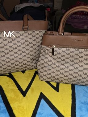 Michael Kors Tan Logo Tote and Satchel Set - MK Signature Pattern Matching Combo